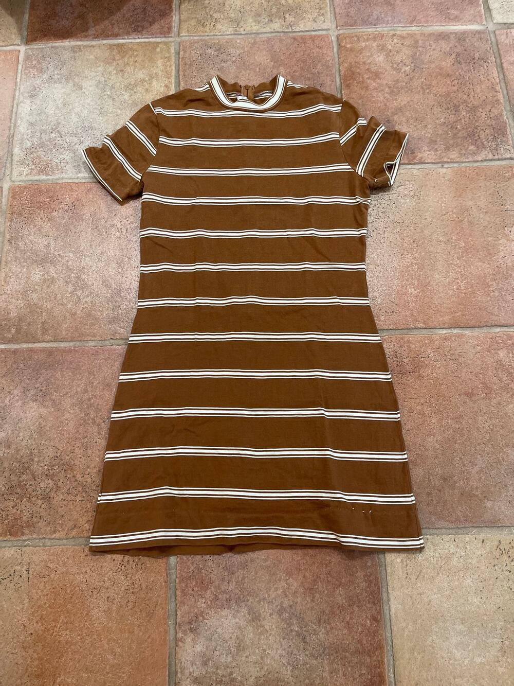 Vtg 70s Contempo Casuals Striped Knit Mod Mini Dress Mock Neck Gogo Brown S
